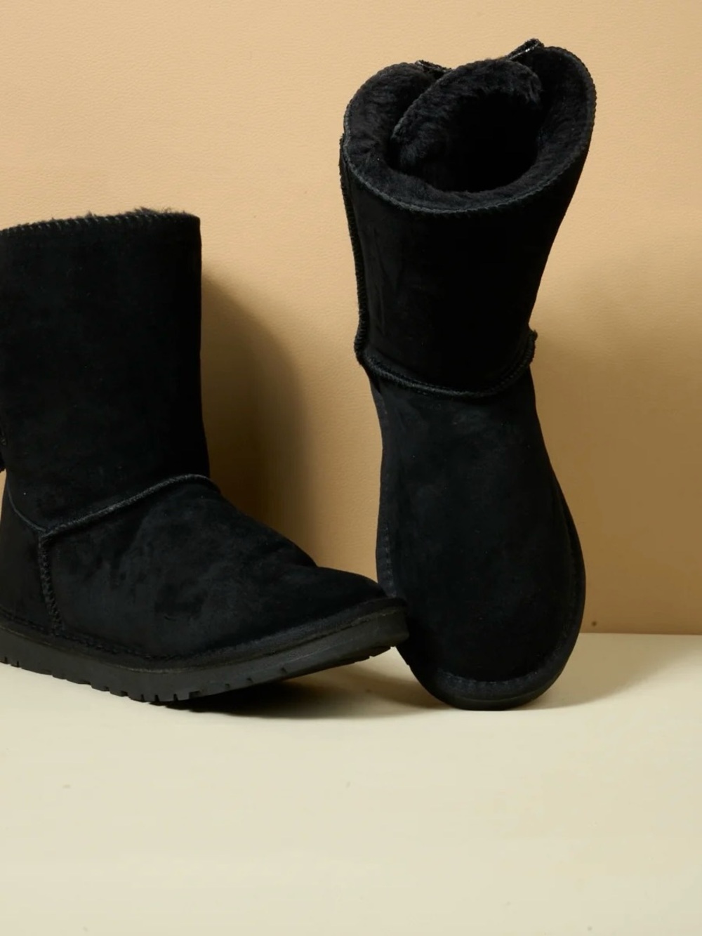 Black Shearling Winter Boots - Classic Suede Ankle Boot strings on side
